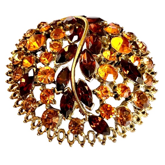 Outstanding Vintage Rhinestone Brooch Golds Oranges Browns Filigreed Gold Tone - Picture 4 of 9
